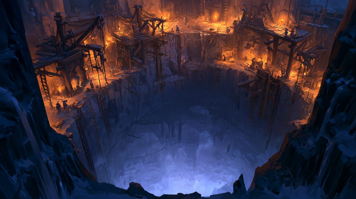 El Abismo, un pozo gigante rodeado de andamios y fuegos