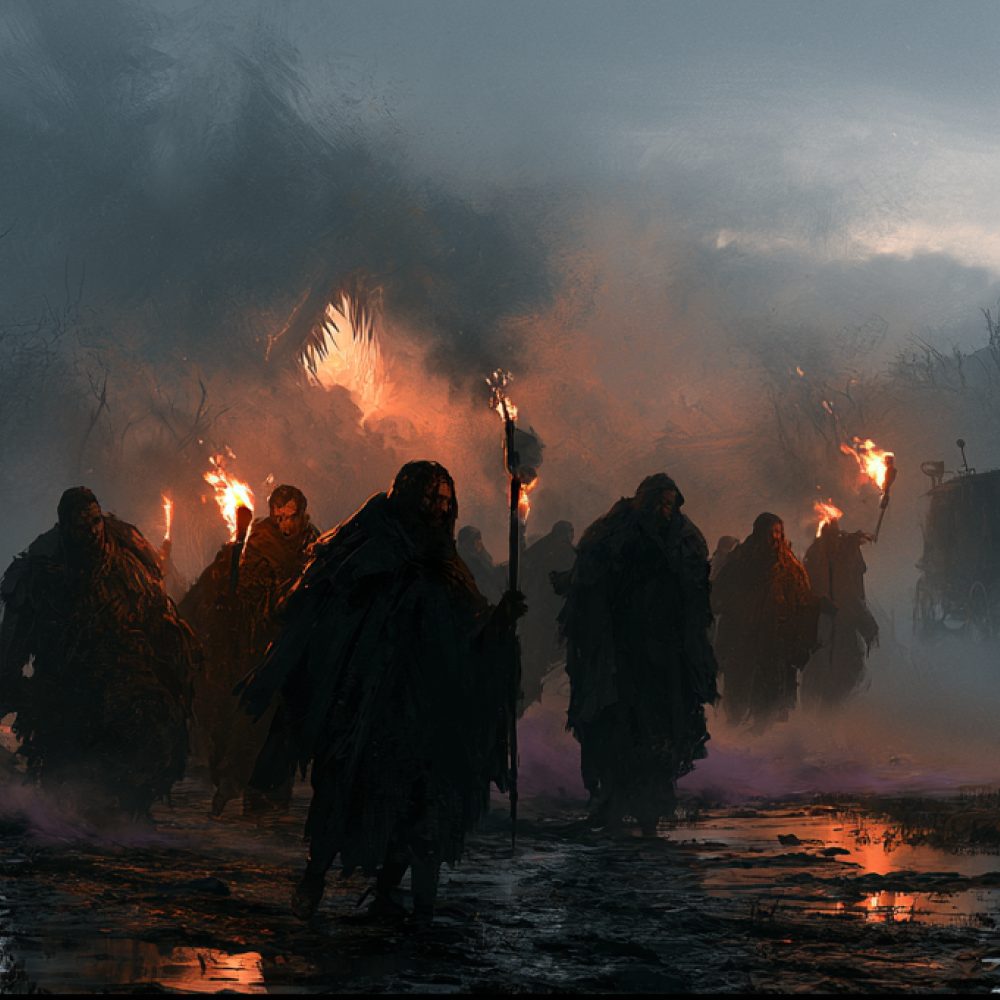 Una procesión de encapuchados con antorchas entre la niebla