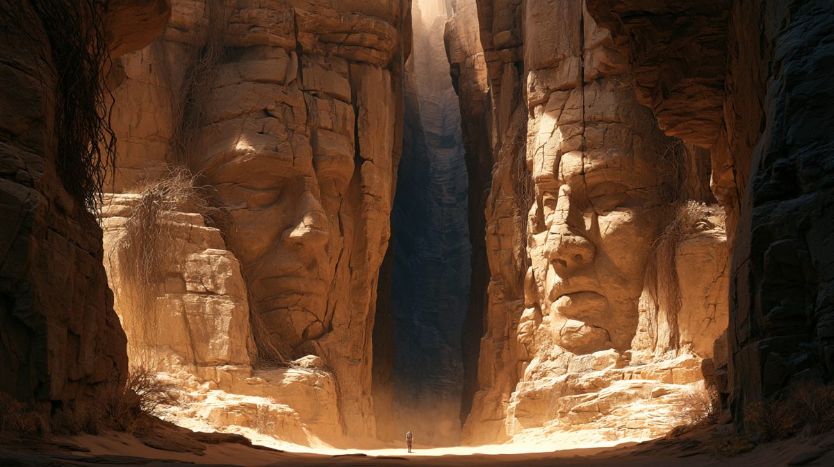 Rostros gigantes tallados en la roca de un cañón