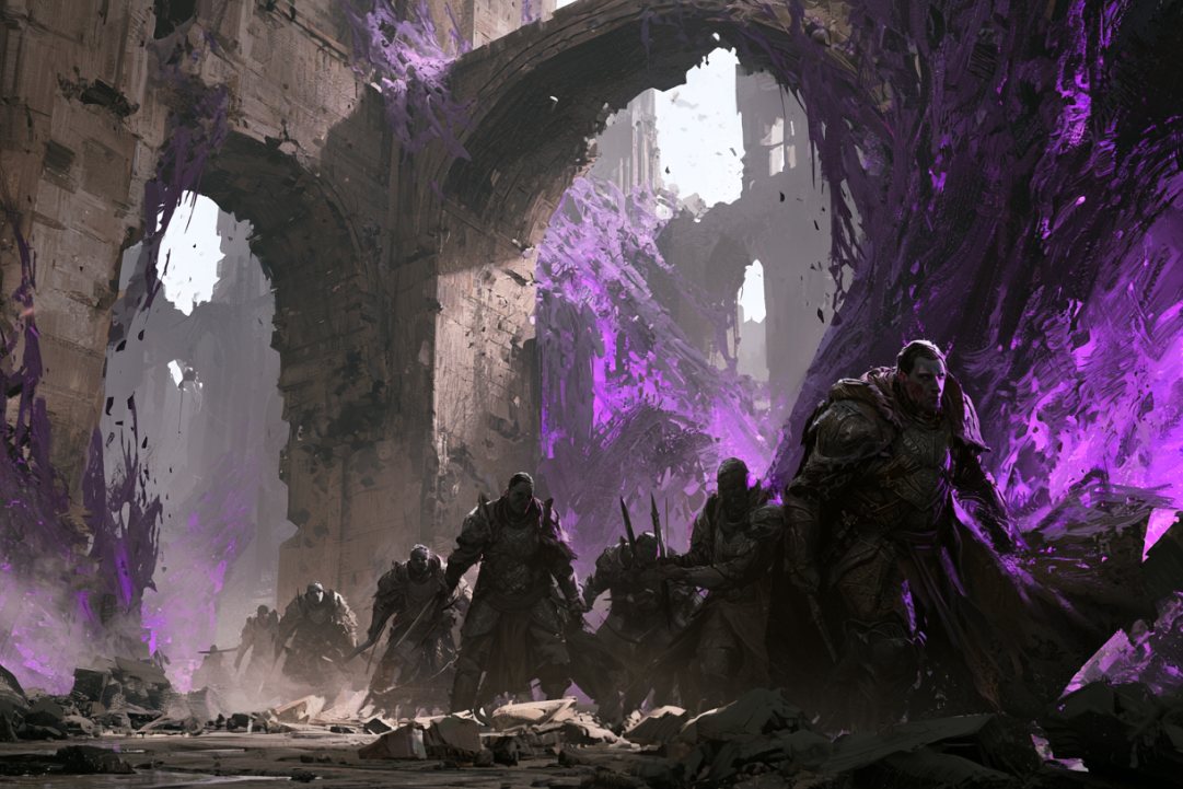 La guardia de Levandor avanzando entre ruinas cubiertas de Podredumbre