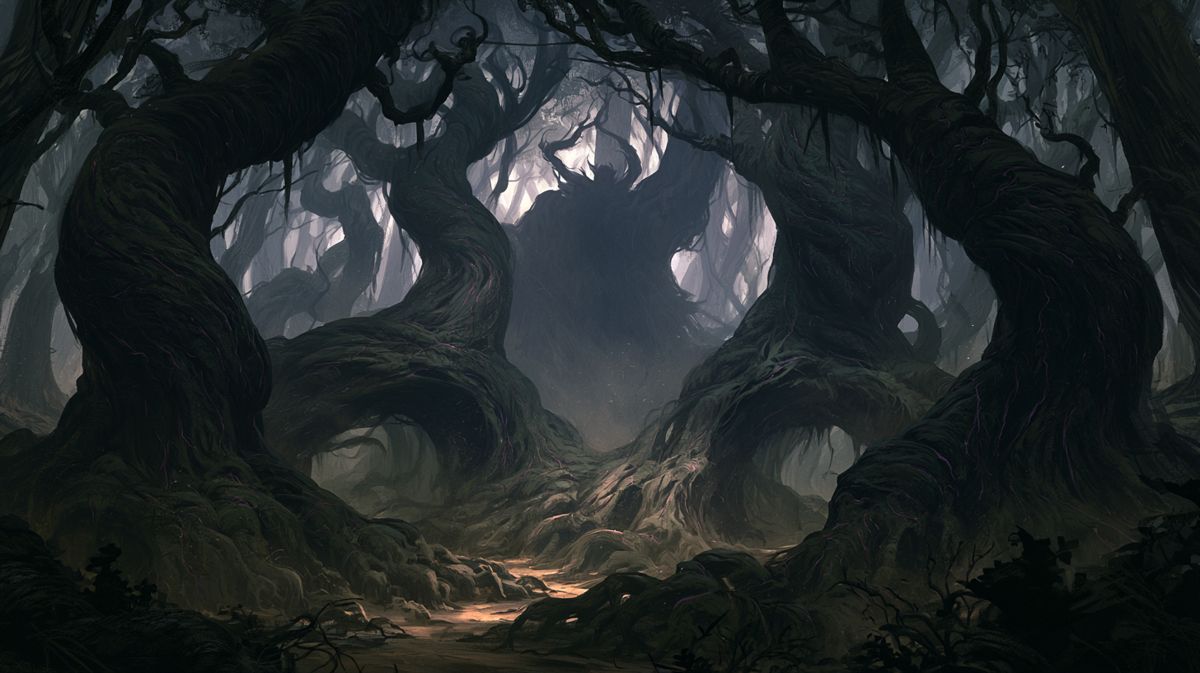 Un bosque de árboles retorcidos en la penumbra