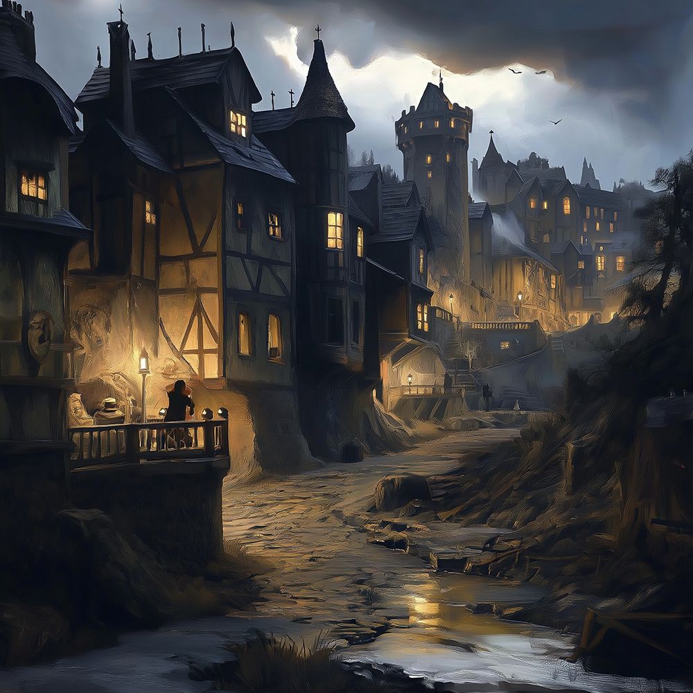 Calles de Levandor de noche, con faroles encendidos