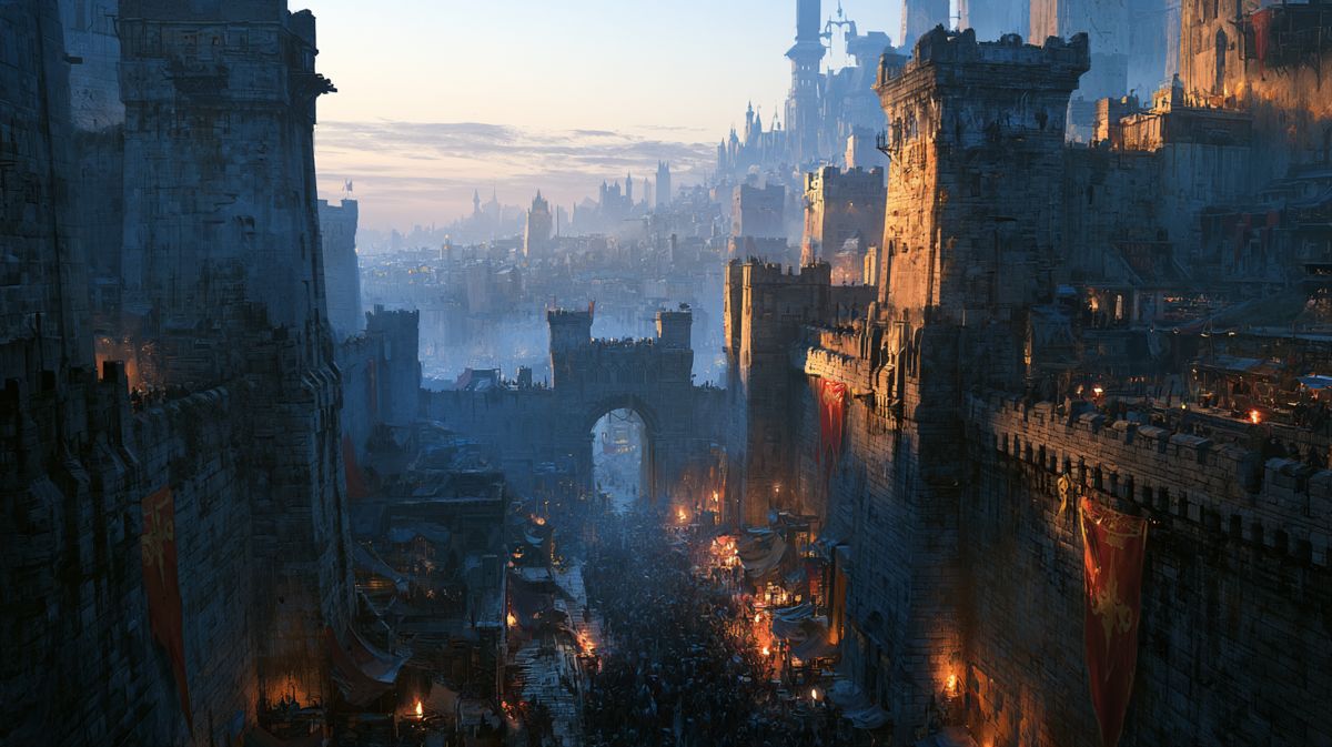 Eldor, una ciudad de torres bajo el atardecer