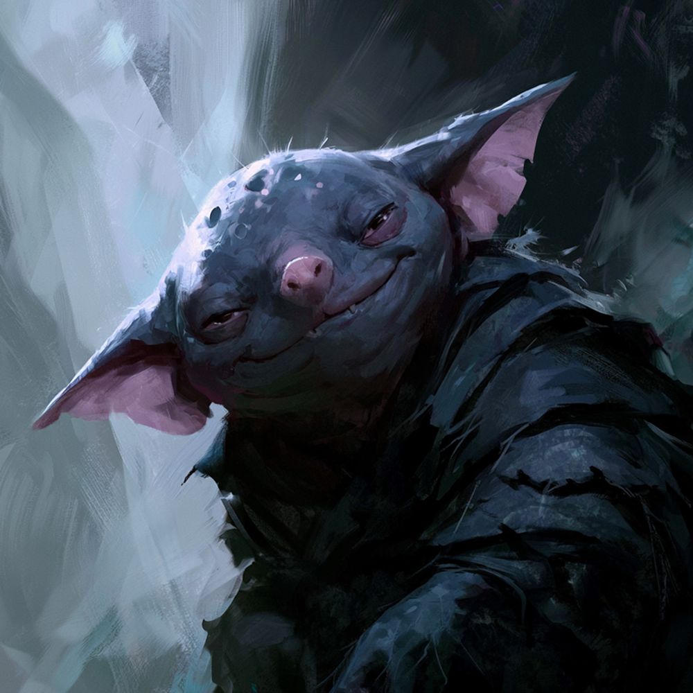 Un Grubbit sonriendo en la penumbra