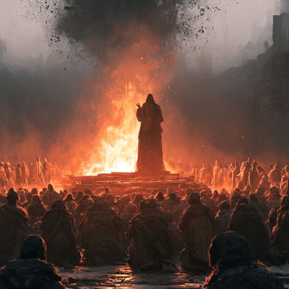Una multitud reunida ante una figura envuelta en fuego