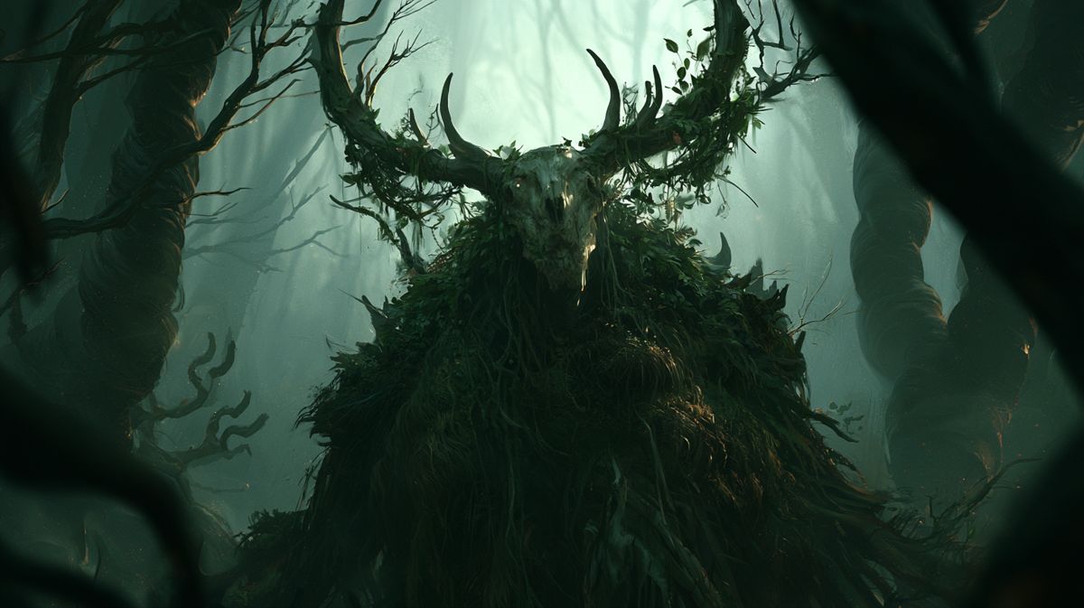 Una figura cubierta de musgo con astas entre la niebla del bosque