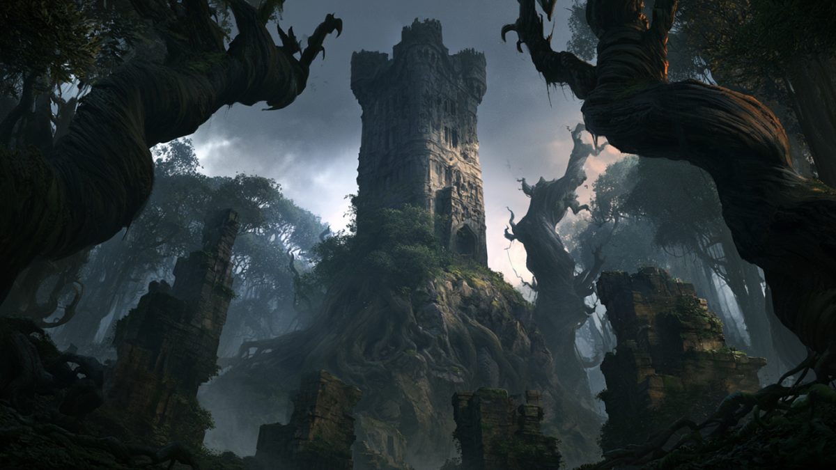 Una torre en ruinas entre árboles retorcidos
