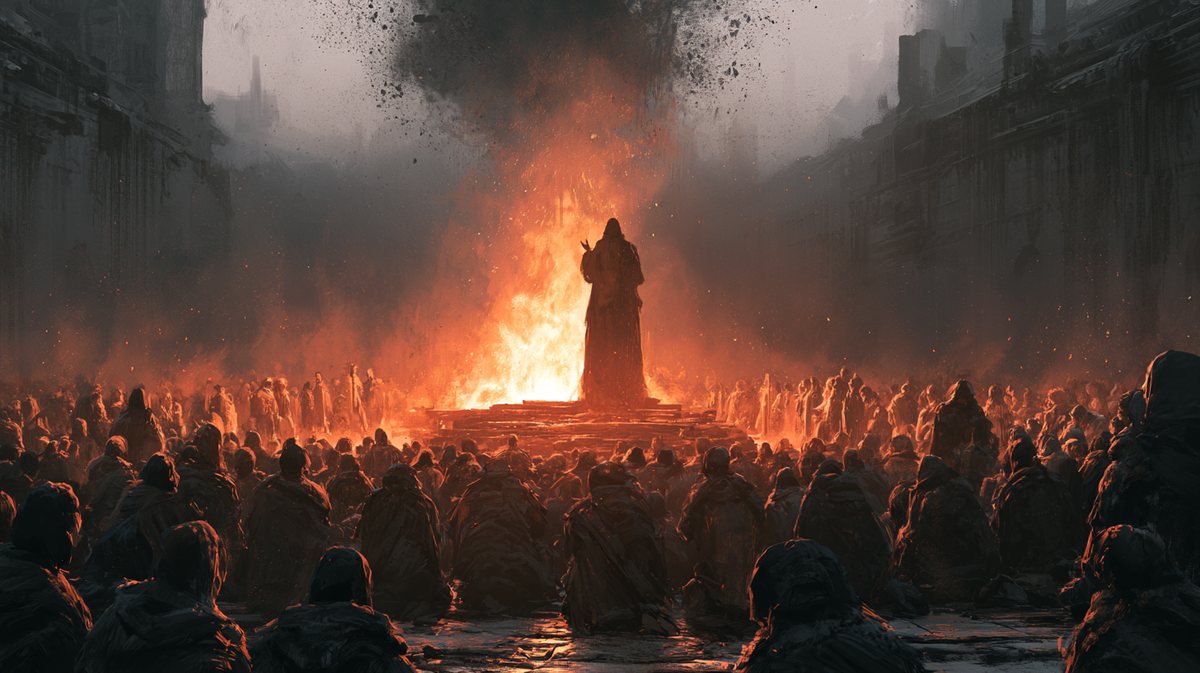 Una multitud reunida ante una figura envuelta en fuego, en una plaza en ruinas